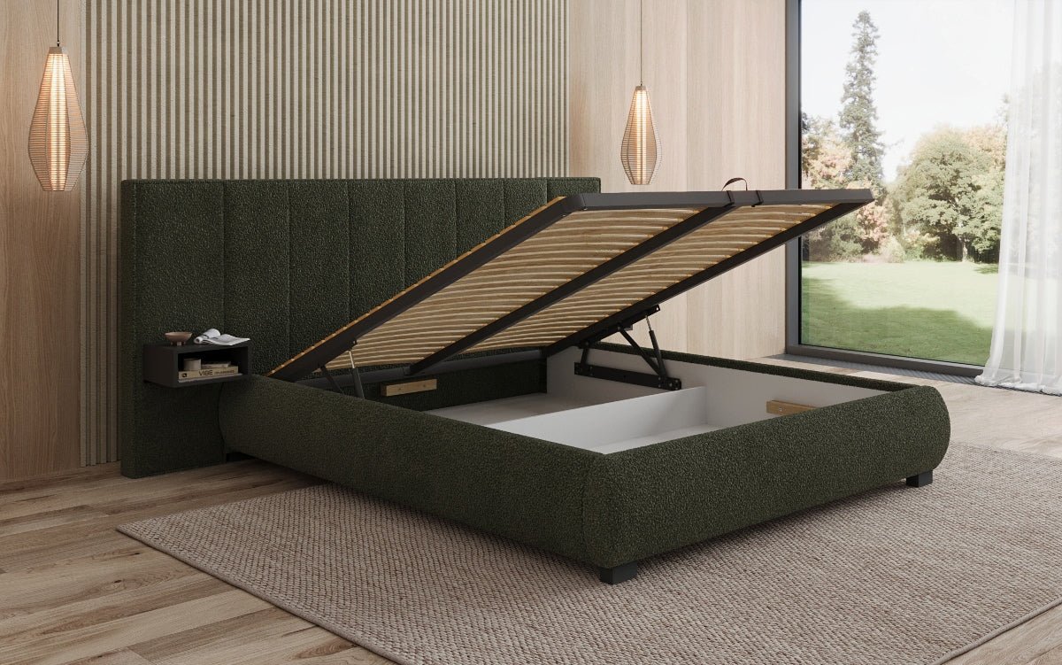 Designer Polsterbett Elvara in Bouclé mit Stauraum