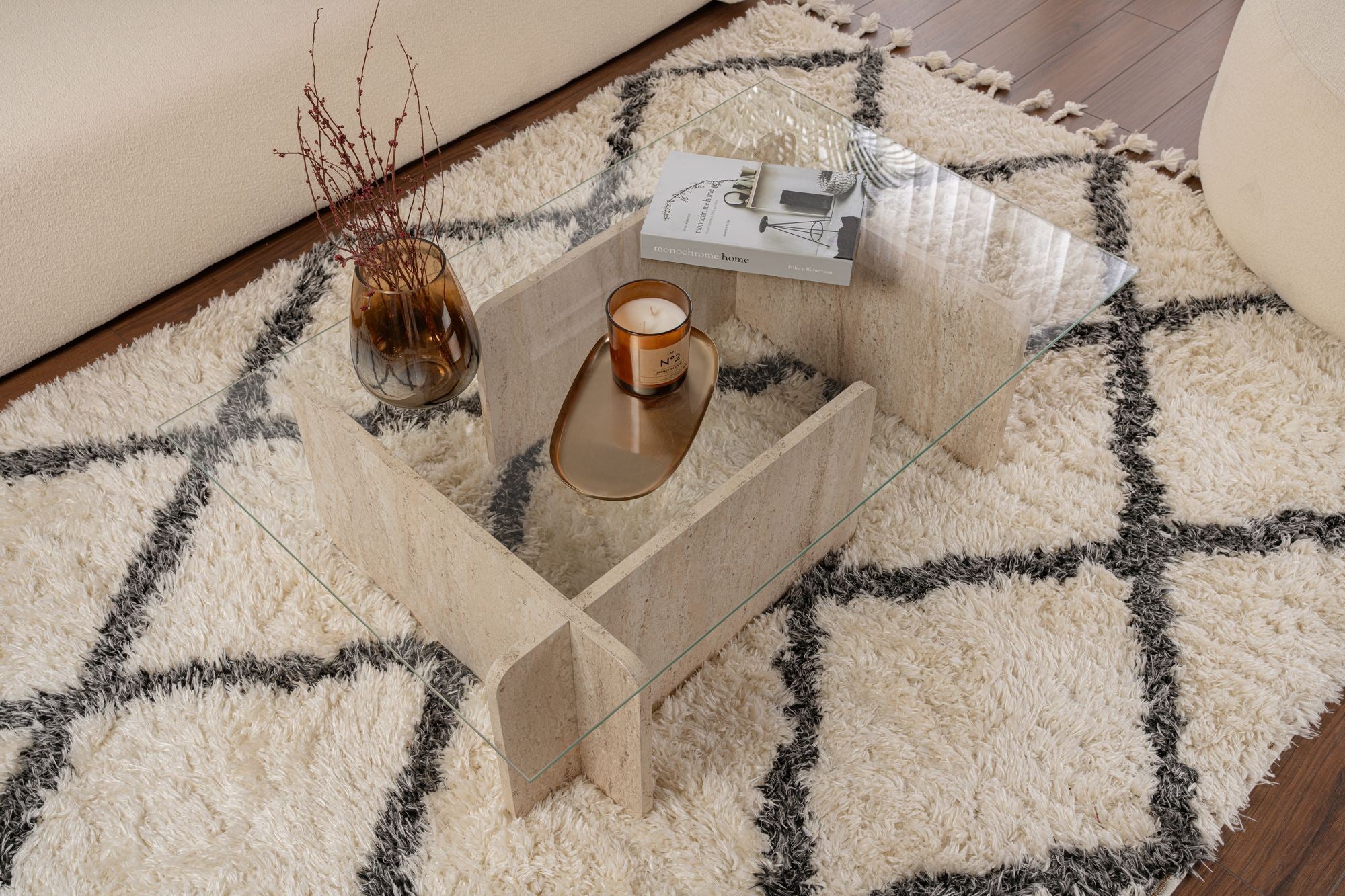 Couchtisch Fendro - mit rechteckiger Glasplatte und Travertin-Steinoptik