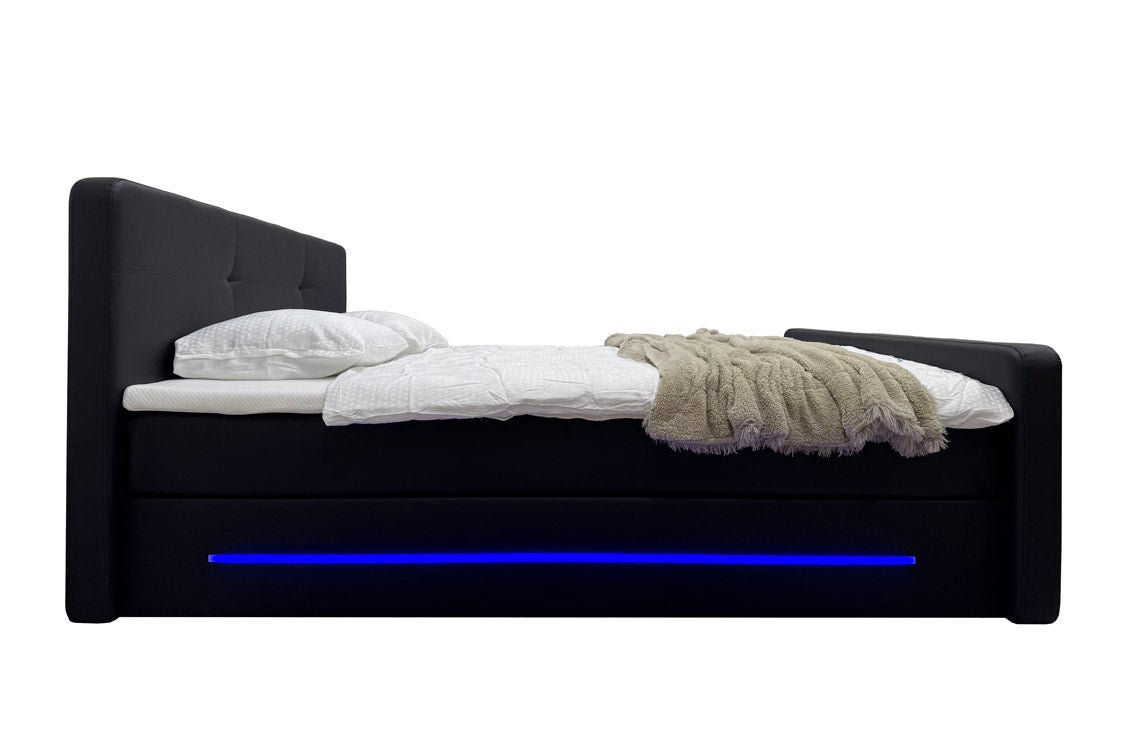 OUTLET - Boxspringbett Oakland mit LED Kunstleder / 180x200 / Schwarz / H3