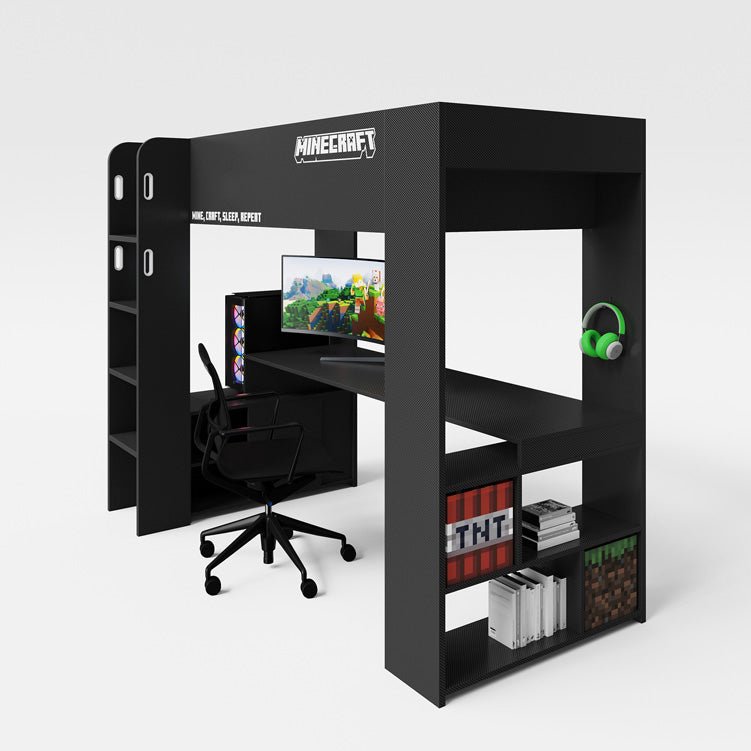 Minecraft Gaming-Hochbett „BaseCamp“ mit Schreibtisch & Regal