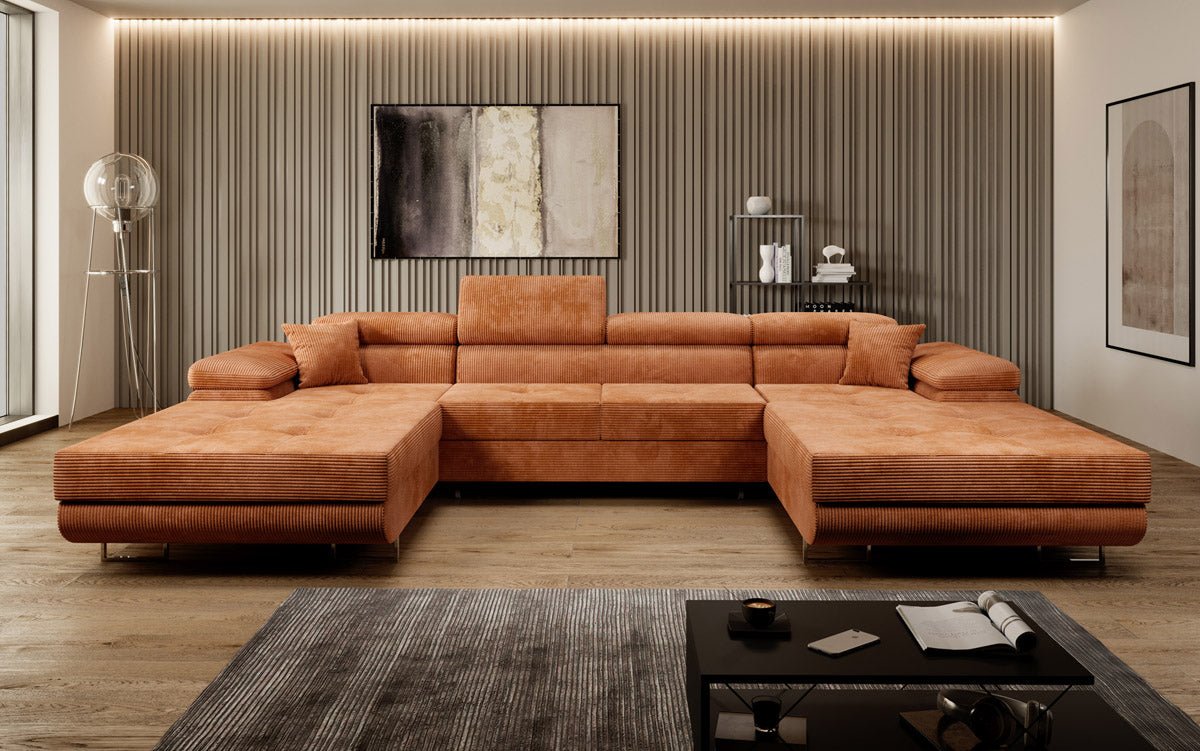 Designer Sofa Calvera U mit Schlaf- und Klappfunktion in Cord