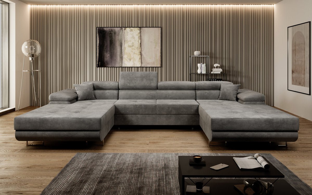 Designer Sofa Calvera U mit Schlaf- und Klappfunktion in Cord