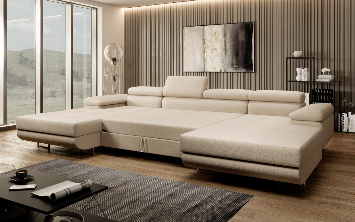 Designer Sofa Calvera U mit Schlaf- und Klappfunktion in Bouclé