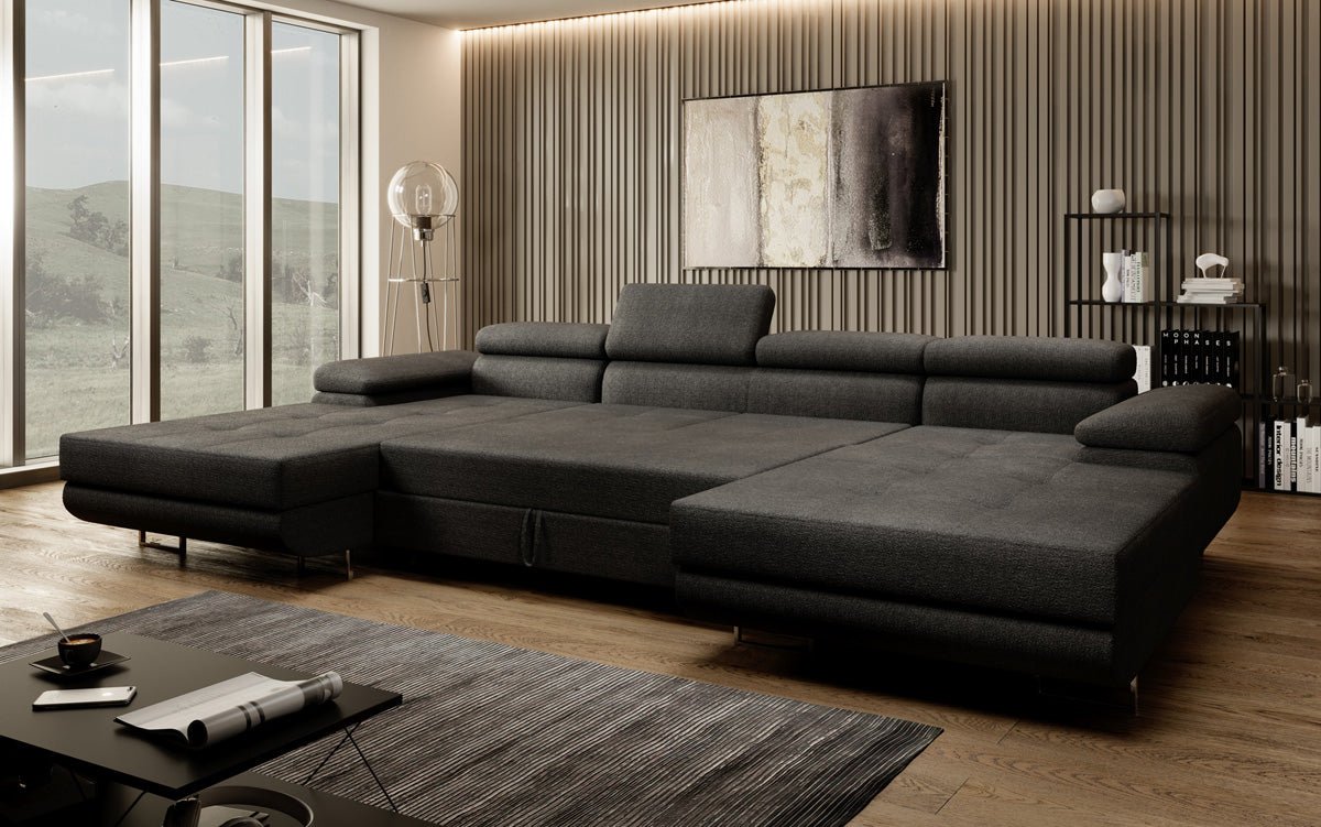 Designer Sofa Calvera U mit Schlaf- und Klappfunktion in Bouclé