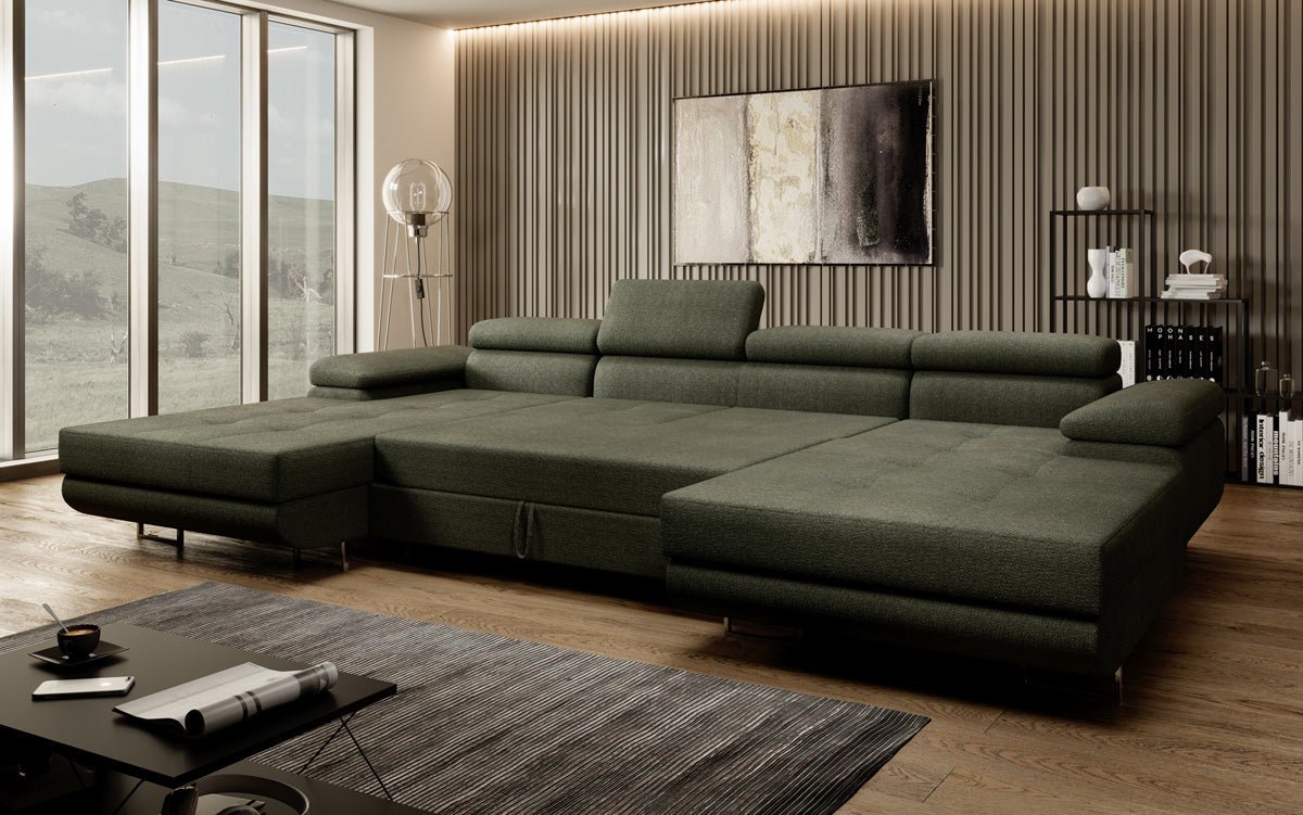 Designer Sofa Calvera U mit Schlaf- und Klappfunktion in Bouclé