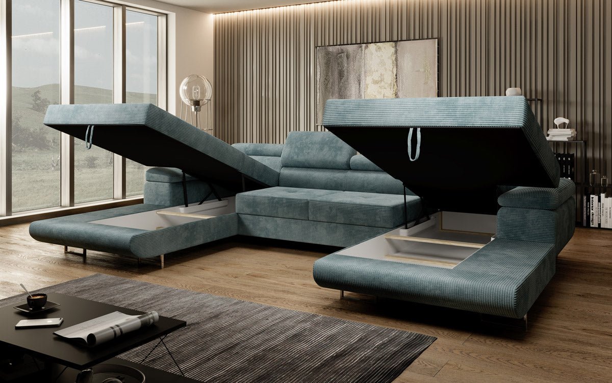 Designer Sofa Calvera U mit Schlaf- und Klappfunktion in Cord