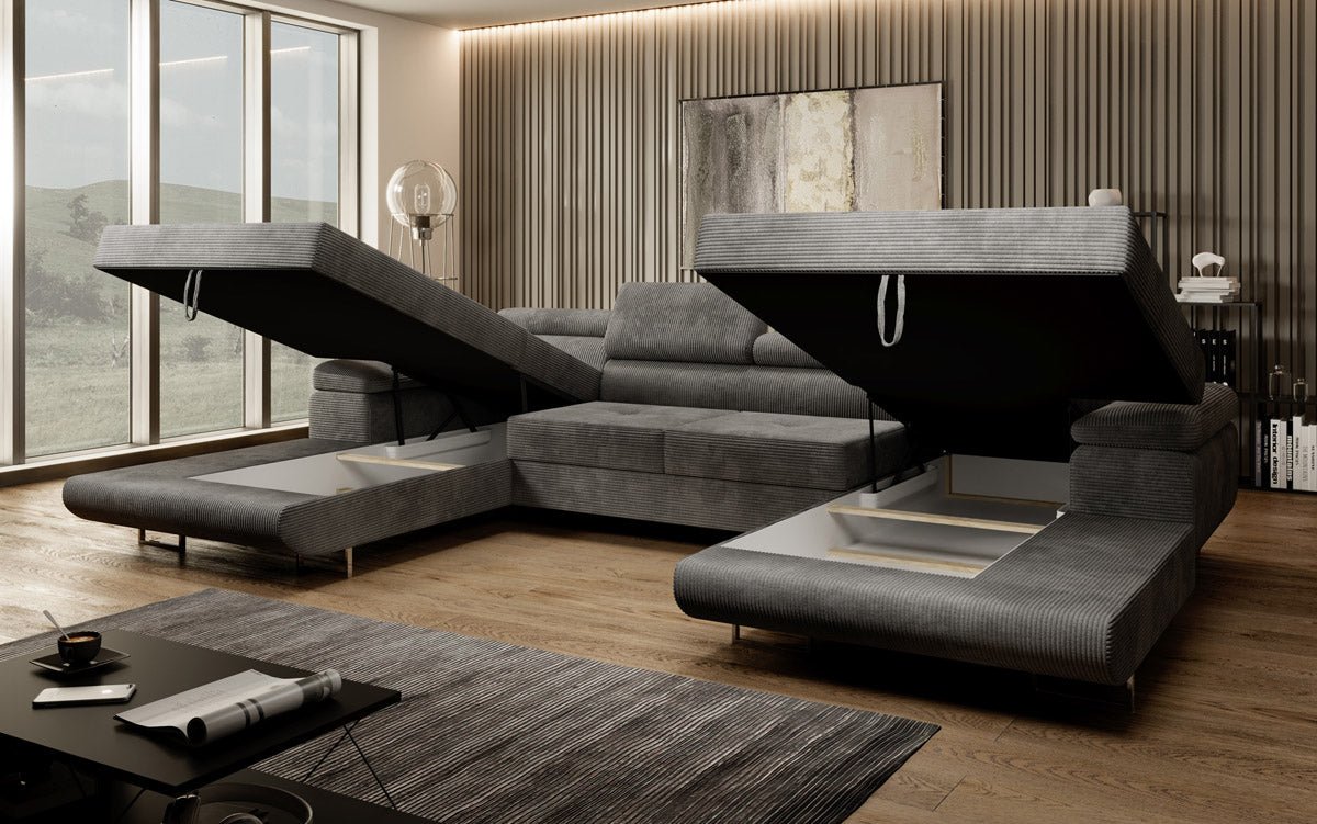 Designer Sofa Calvera U mit Schlaf- und Klappfunktion in Cord