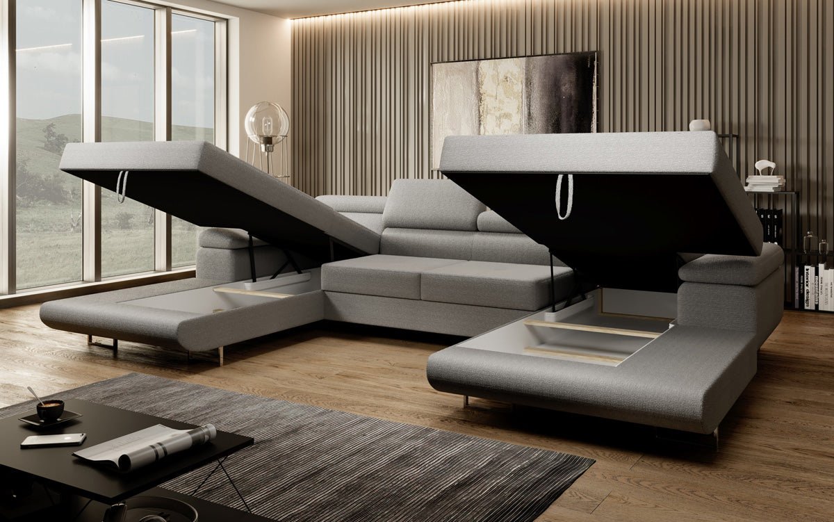 Designer Sofa Calvera U mit Schlaf- und Klappfunktion in Bouclé