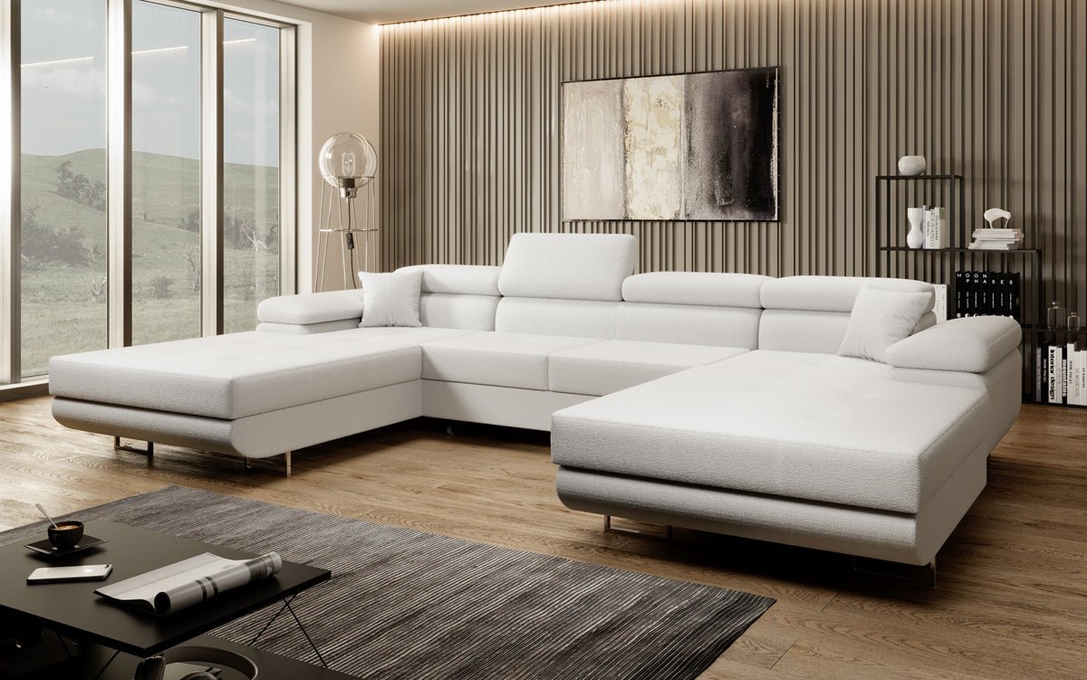 Designer Sofa Calvera U mit Schlaf- und Klappfunktion in Bouclé