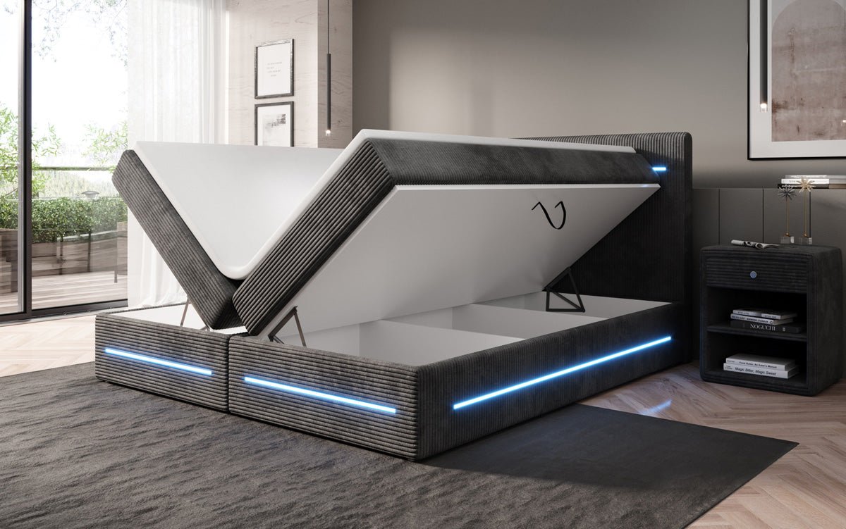 Boxspringbett Lara mit Stauraum und LED in Cord
