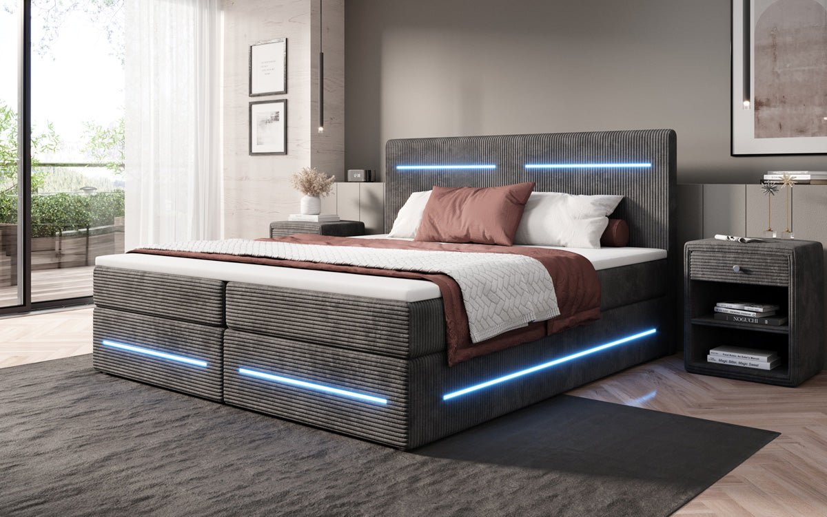Boxspringbett Lara mit Stauraum und LED in Cord