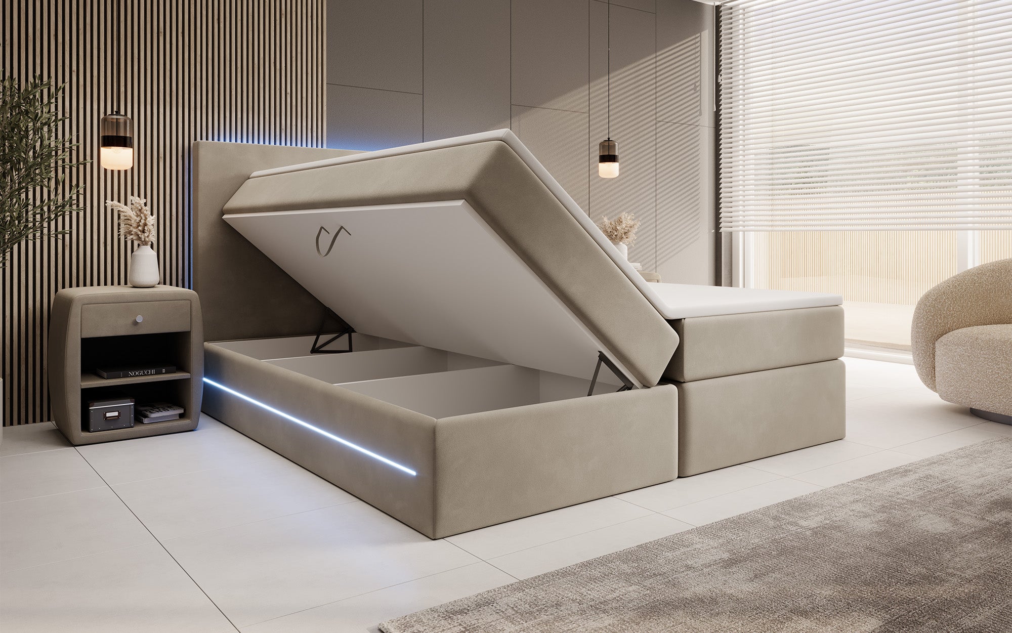 Boxspringbett Voyage mit LED u. Stauraum in Samt