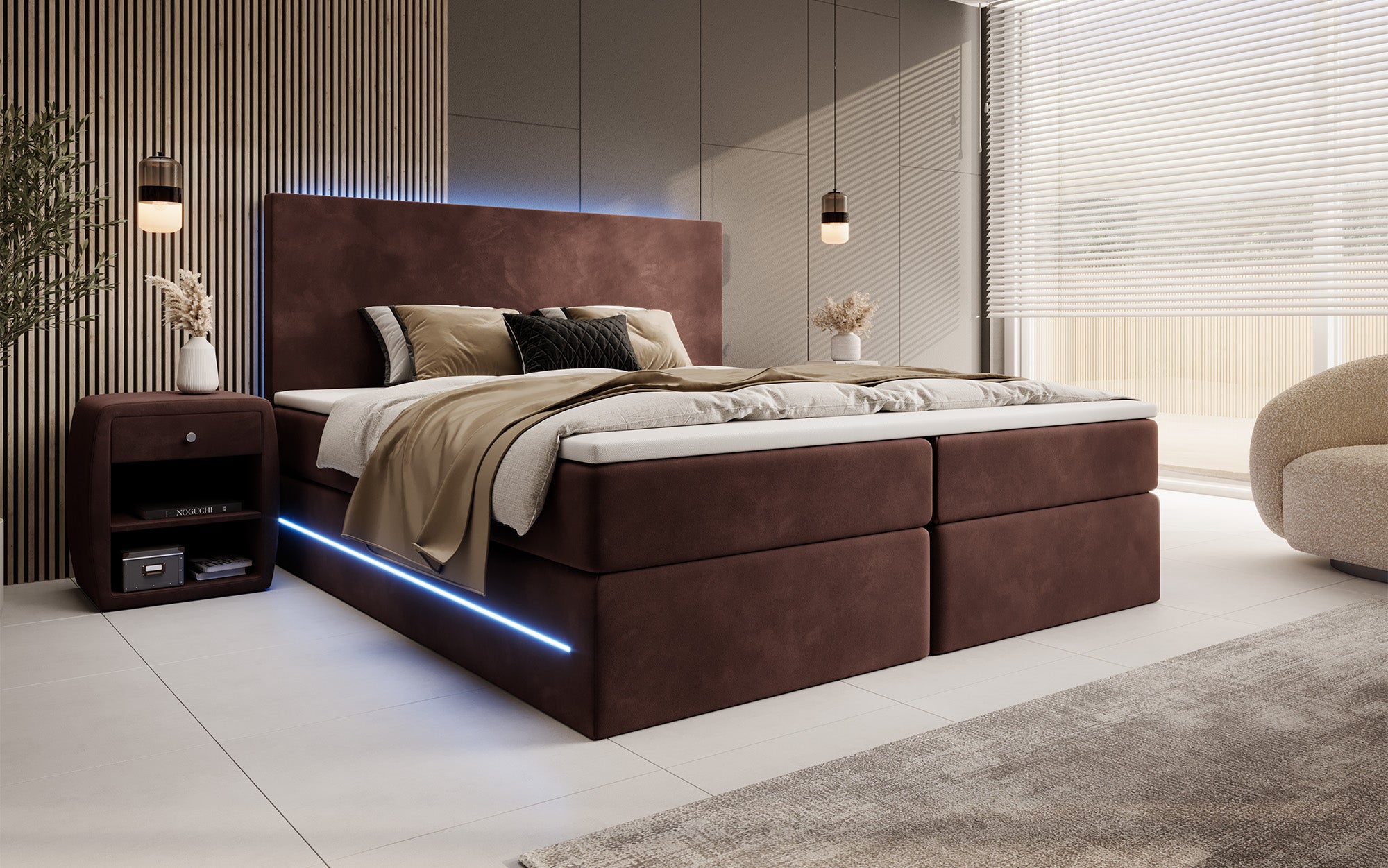 Boxspringbett Voyage mit LED u. Stauraum in Samt