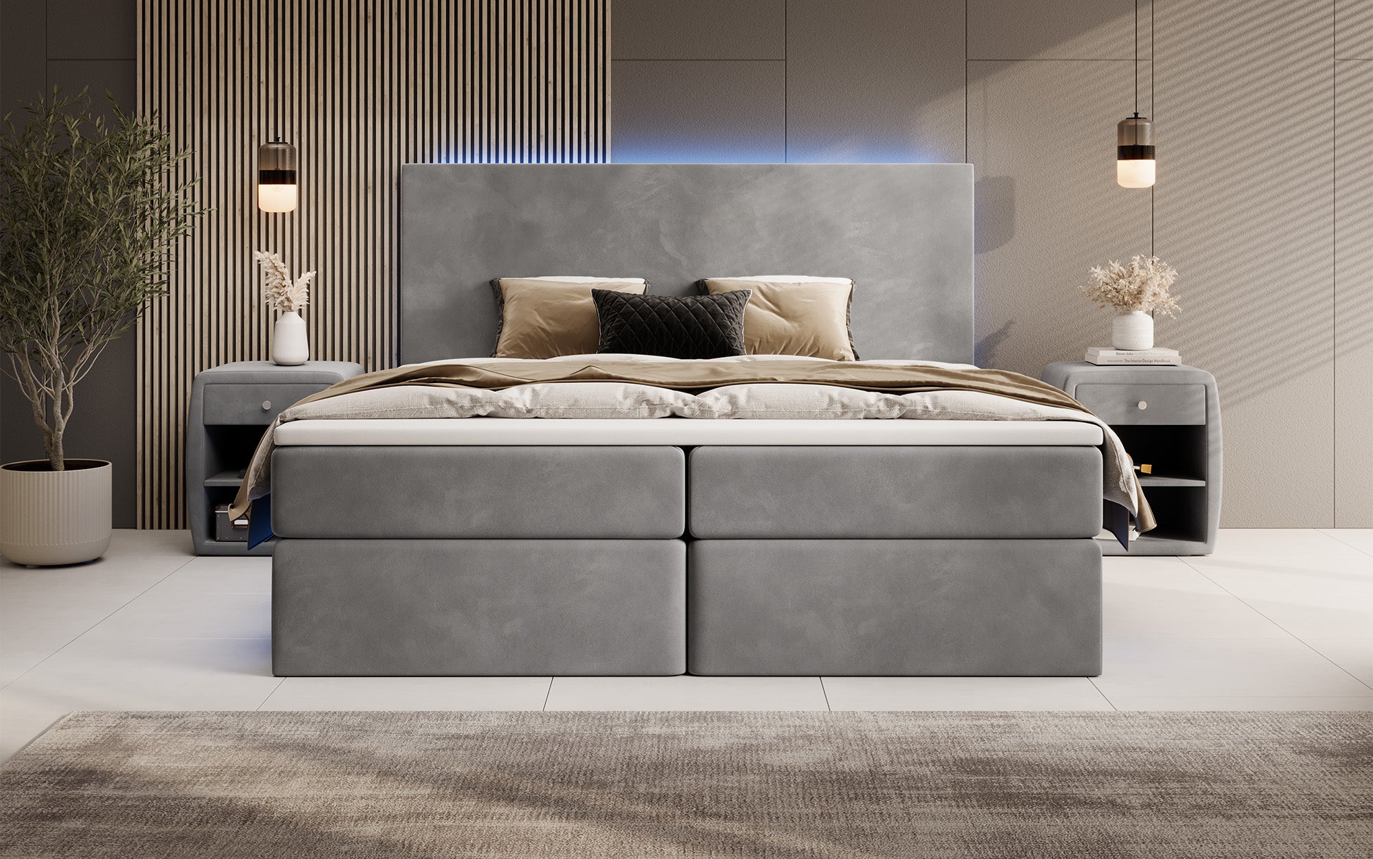 Boxspringbett Voyage mit LED u. Stauraum in Samt