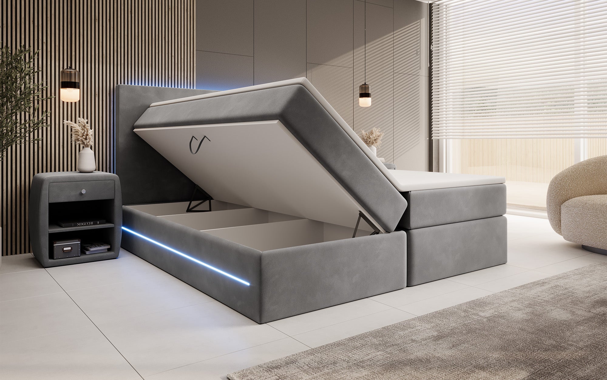 Boxspringbett Voyage mit LED u. Stauraum in Samt