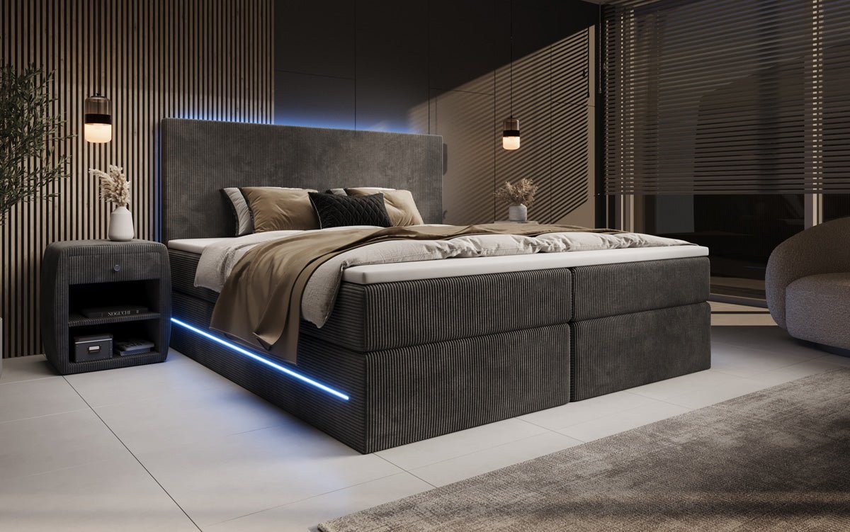 Boxspringbett Voyage mit LED u. Stauraum in Cord