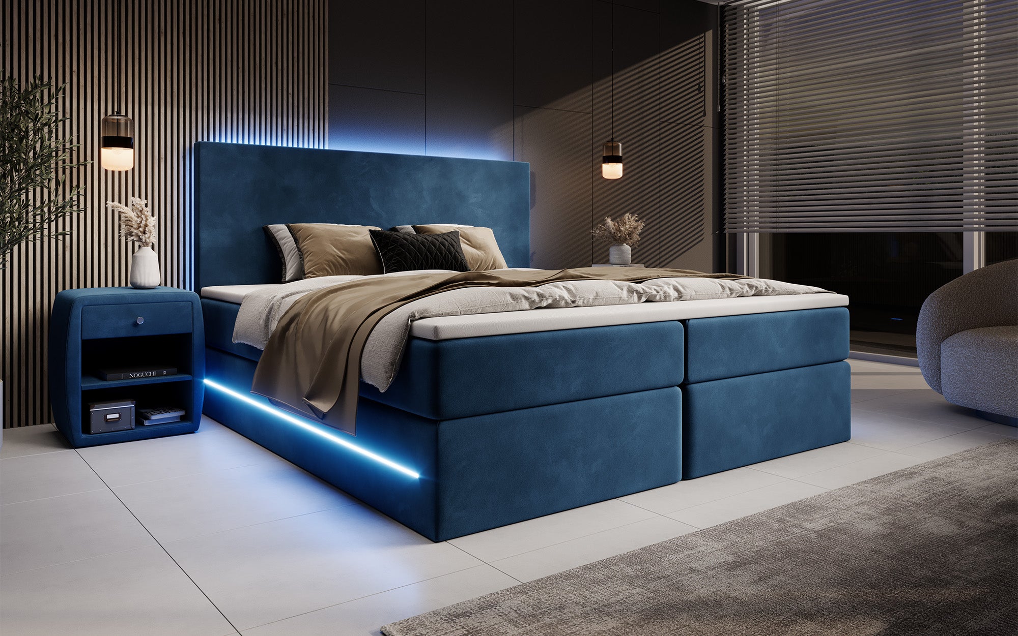 Boxspringbett Voyage mit LED u. Stauraum in Samt