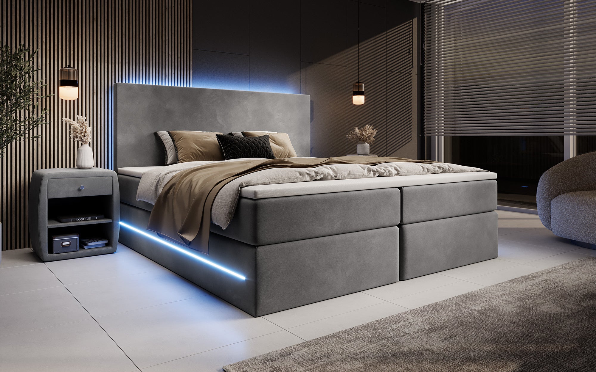 Boxspringbett Voyage mit LED u. Stauraum in Samt