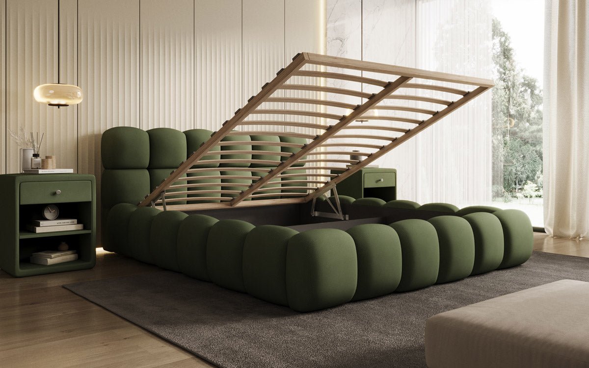 Designer Polsterbett Boston Stoff mit Stauraum inkl. Aufbau