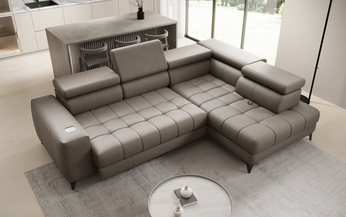 Designer L Sofa Seluna mit elektrischer Schlaffunktion, Induktion und Stauraum in Echtleder