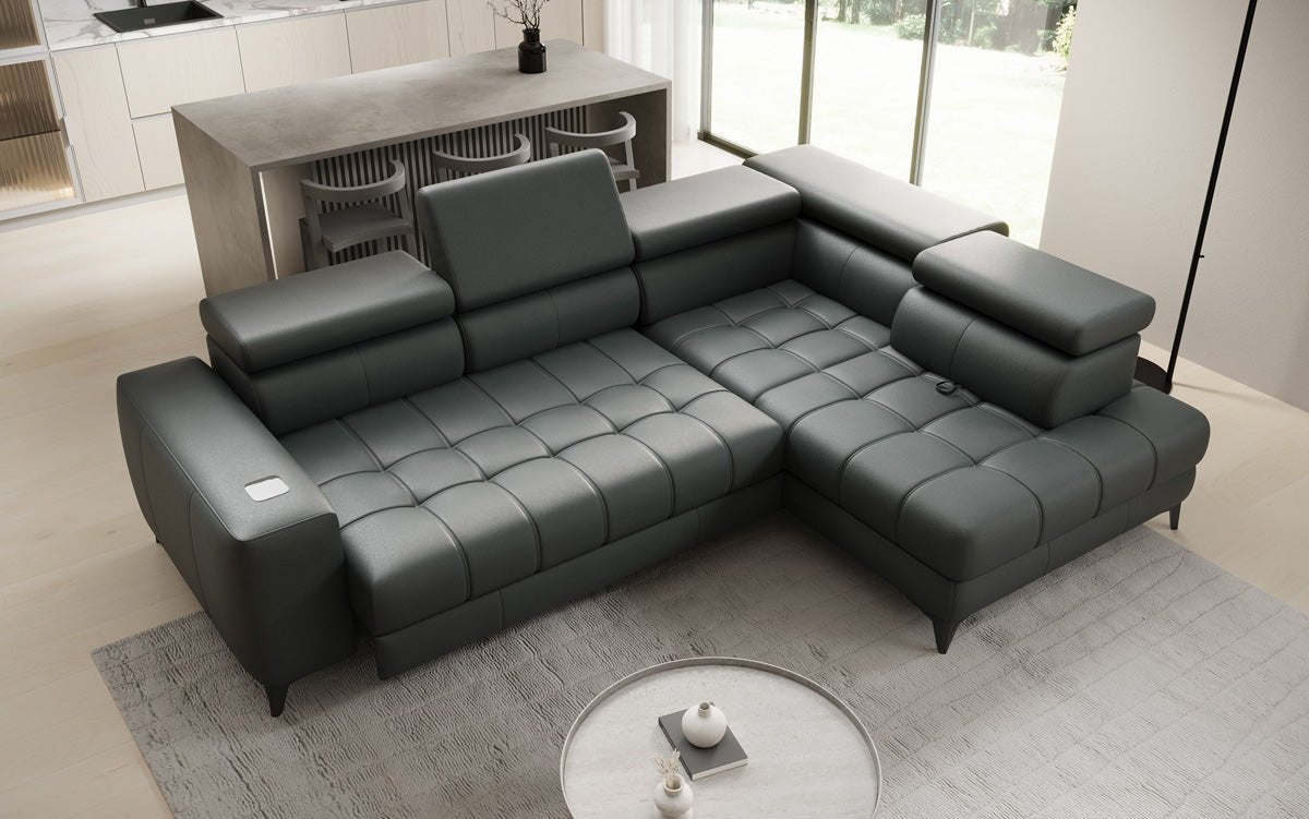 Designer L Sofa Seluna mit elektrischer Schlaffunktion, Induktion und Stauraum in Echtleder