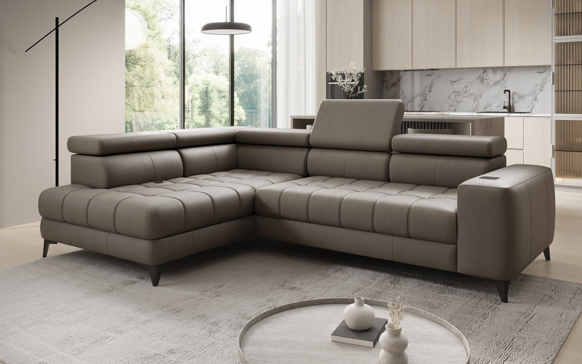 Designer L Sofa Seluna mit elektrischer Schlaffunktion, Induktion und Stauraum in Echtleder