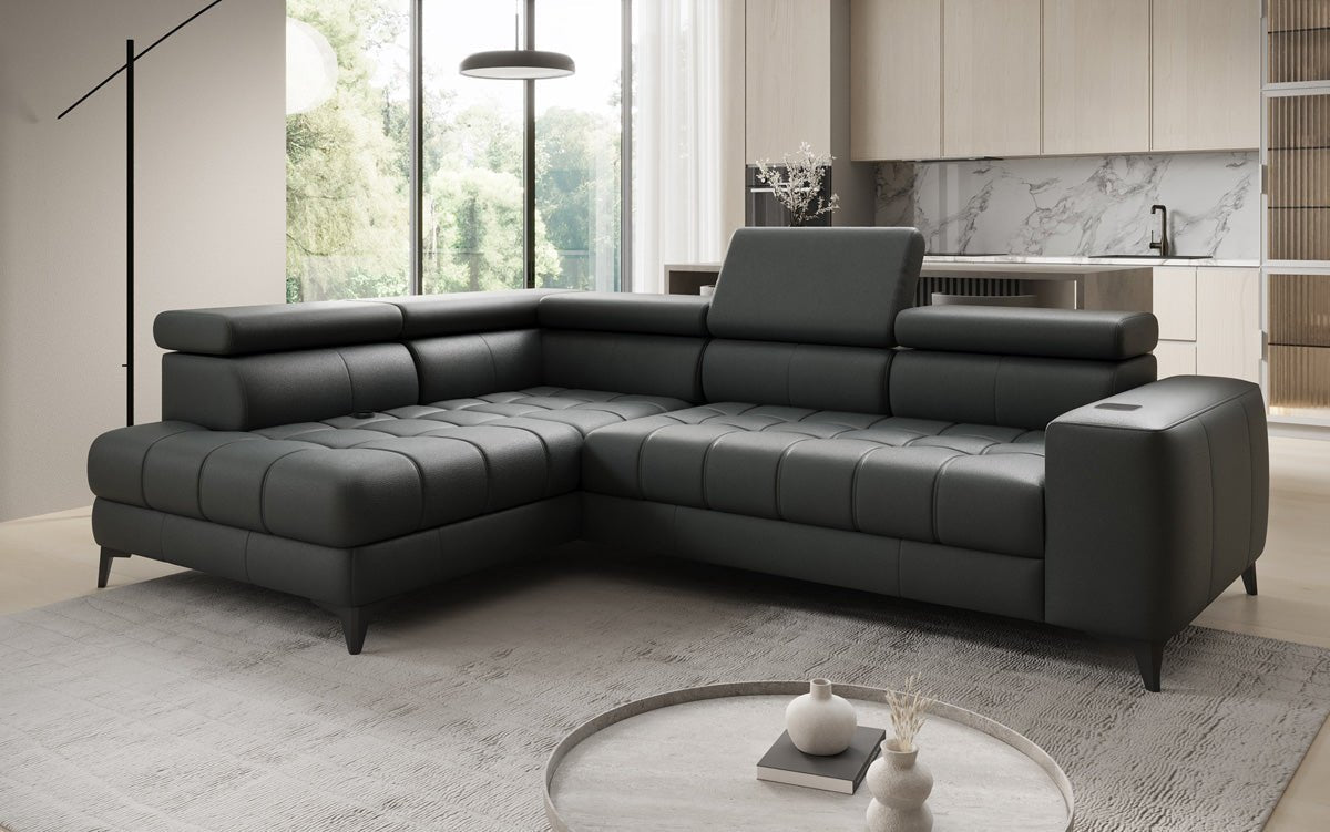 Designer L Sofa Seluna mit elektrischer Schlaffunktion, Induktion und Stauraum in Echtleder