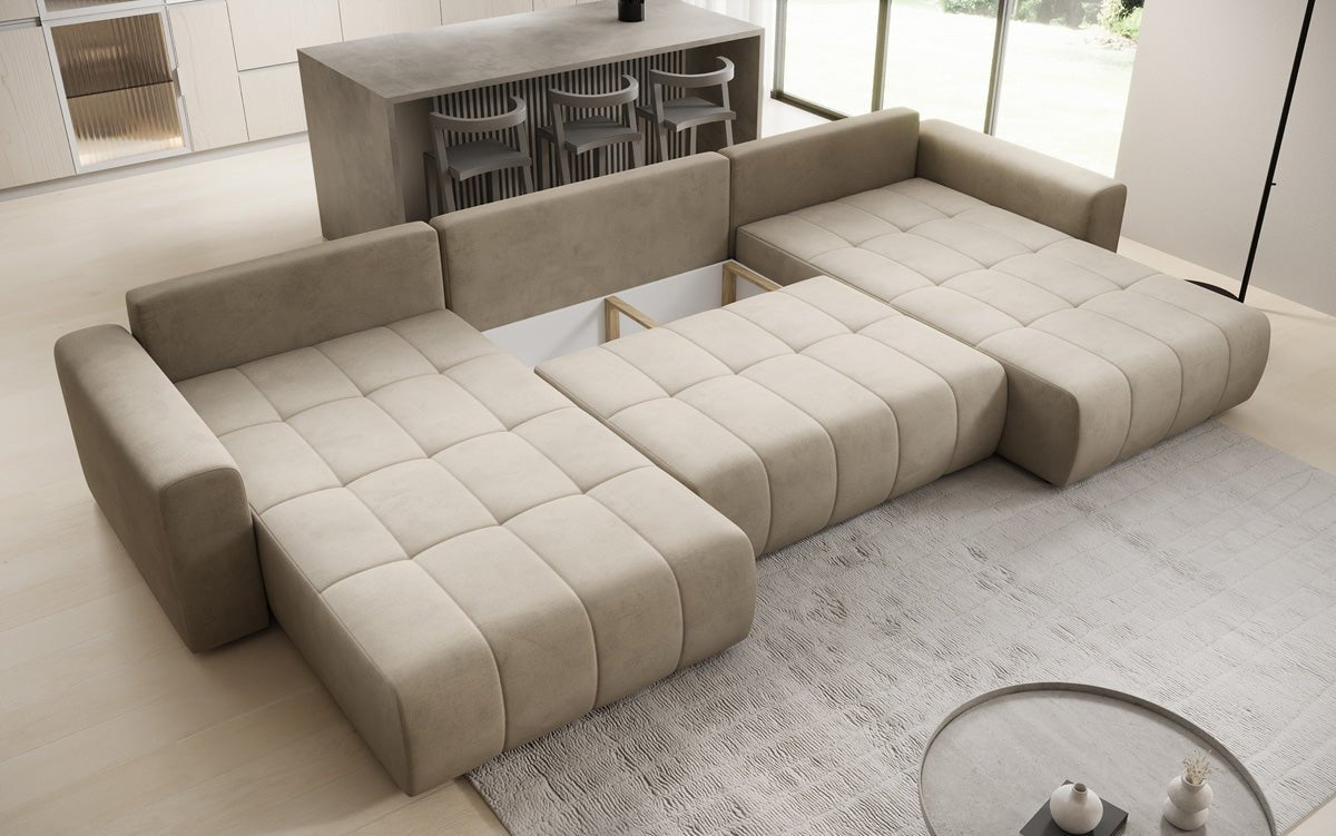 Designer Sofa Leveno U mit Schlaf- und Klappfunktion in Samt