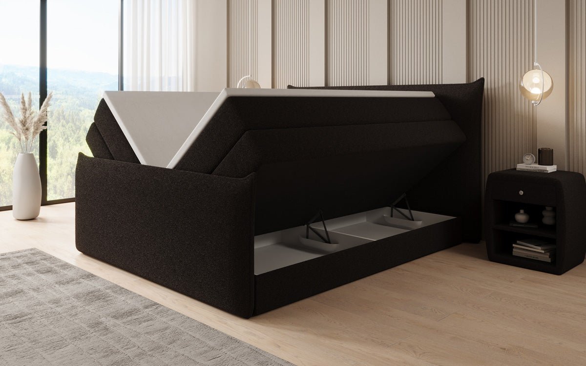 Boxspringbett Liana II mit hochklappbarem Stauraum in Teddy Bouclé