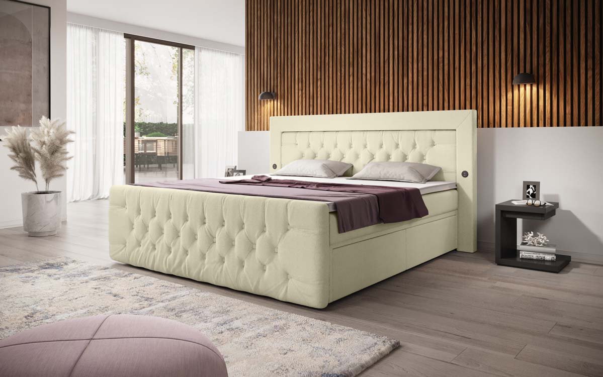 Boxspringbett Diva Bouclé mit USB, LED und 2 Schubalden