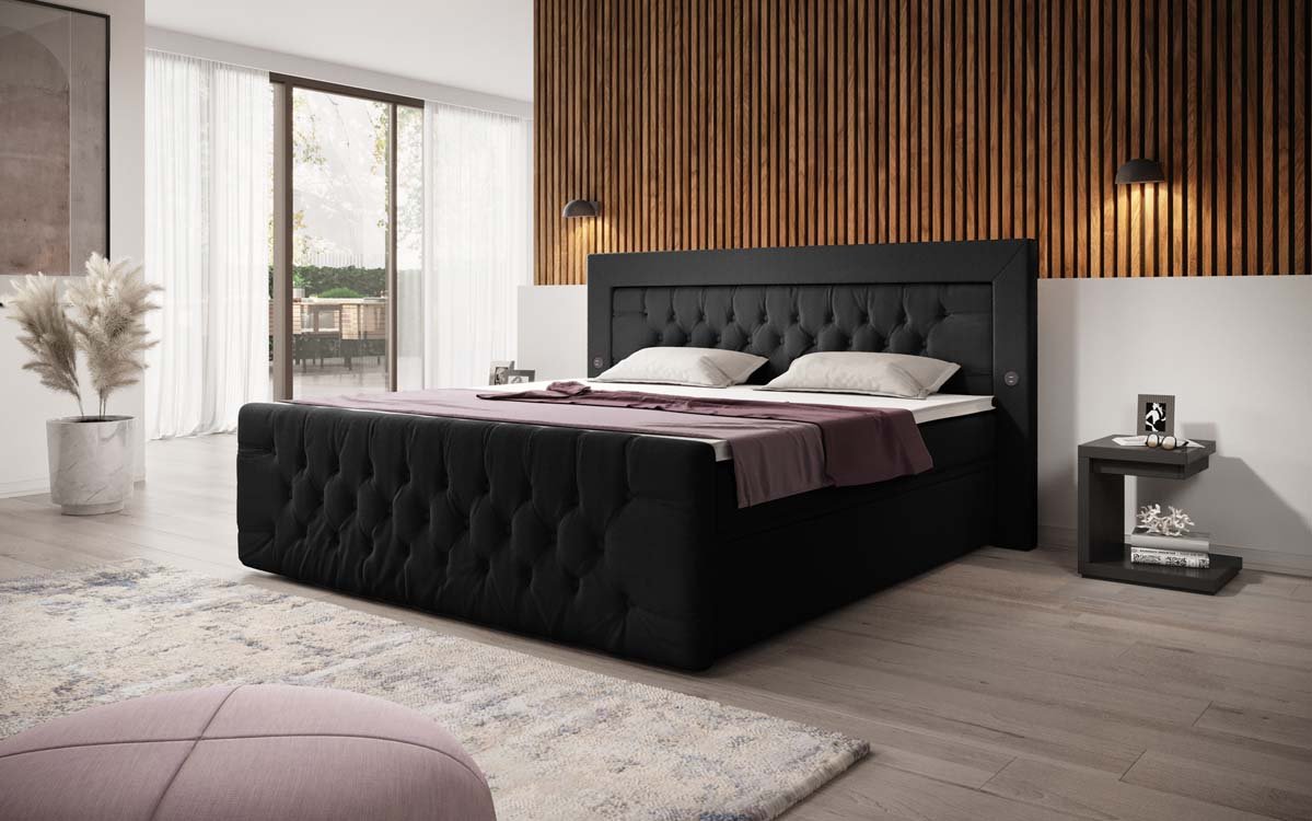 Boxspringbett Diva Bouclé mit USB, LED und 2 Schubalden