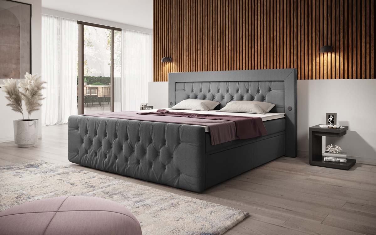 Boxspringbett Diva Bouclé mit USB, LED und 2 Schubalden
