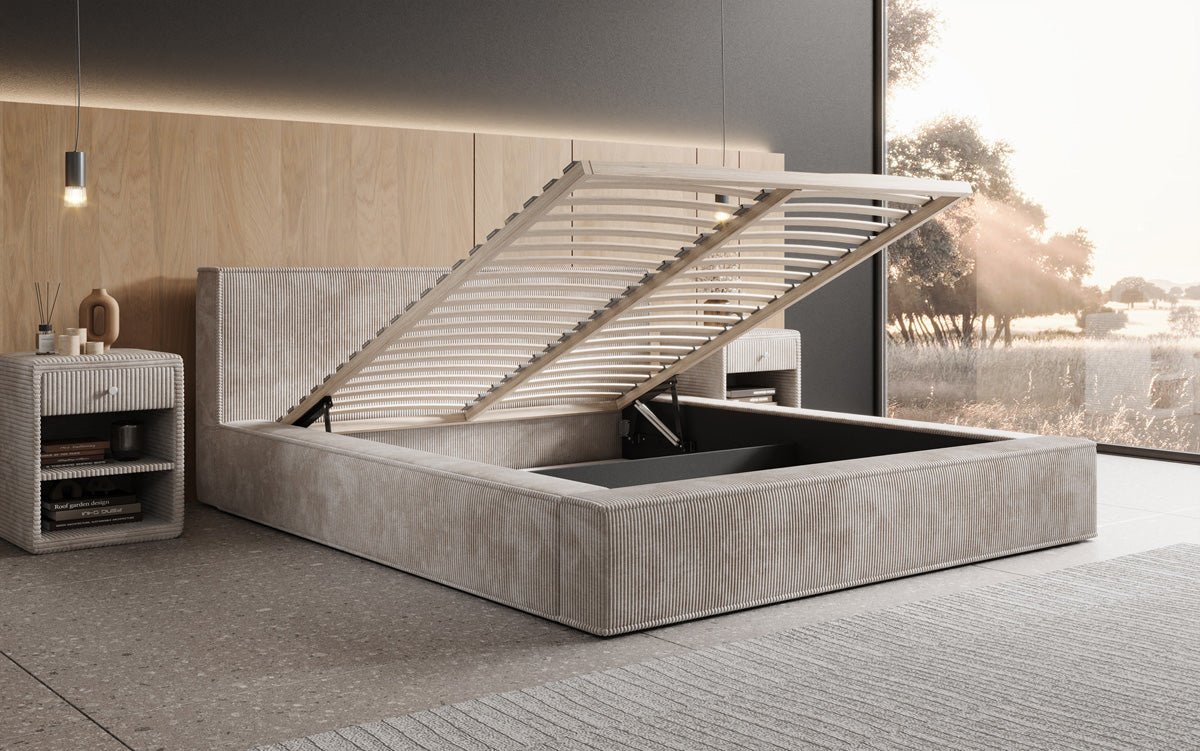 Designer Polsterbett Harmon in Cord mit Stauraum