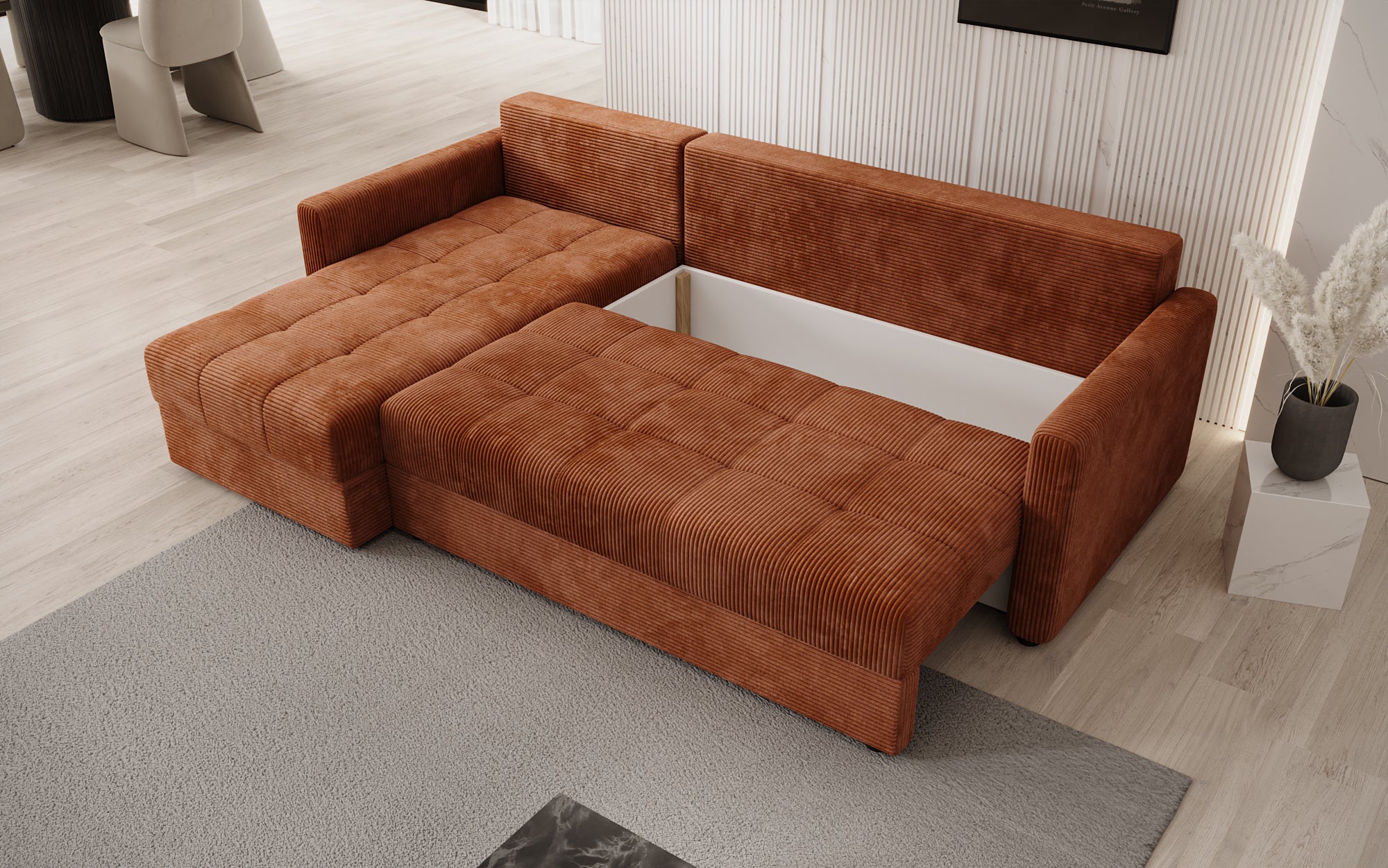 Designer Sofa Roma in Cord mit Schlaf- und Klappfunktion