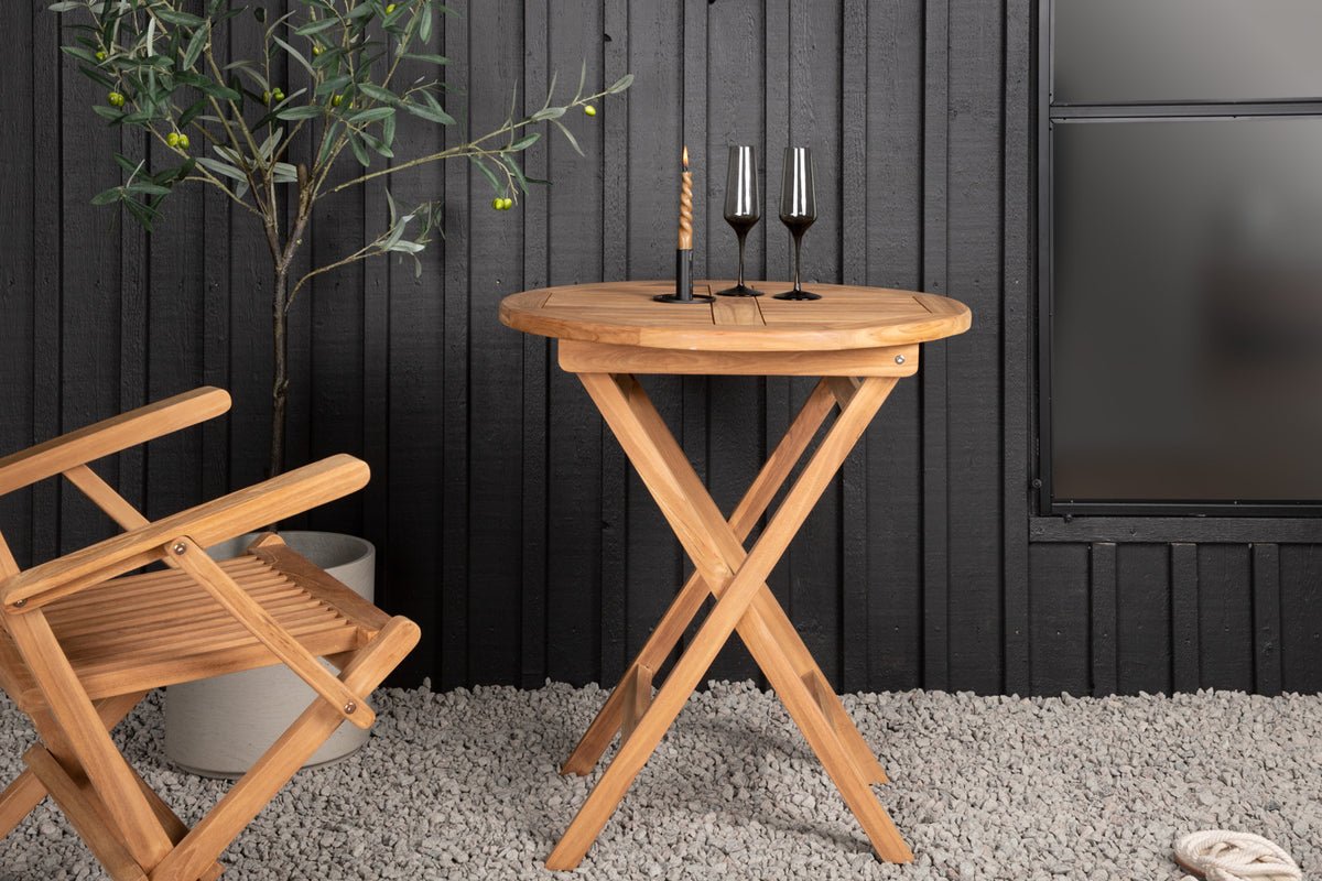 Gartentisch Mali - ein runder Cafétisch aus Teakholz mit Klappfunktion