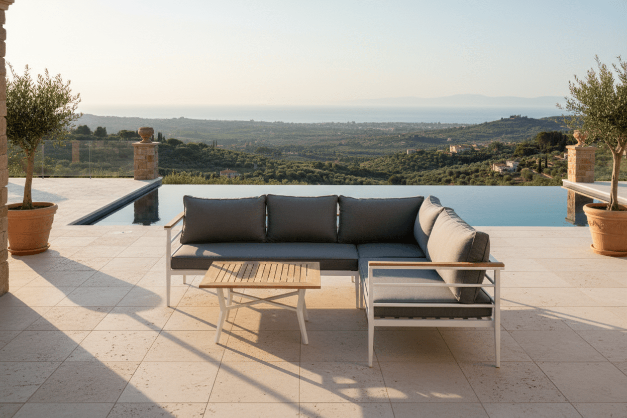 Lounge Set Puerto – aus Metall mit Teakholz-Details, inkl. Kissen