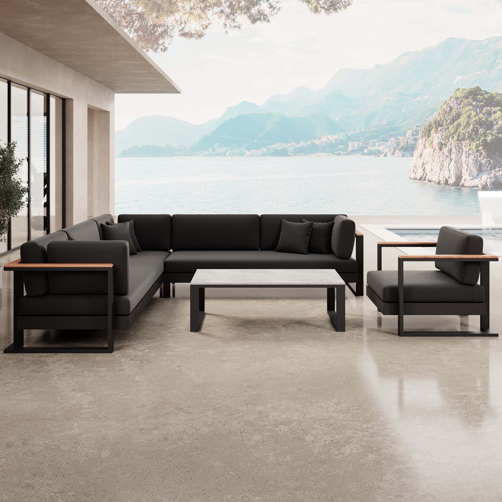 Vayla – Loungegruppe mit Ecksofa, Loungesessel & Tisch aus schwarzem Aluminium | Aevora™ Kollektion