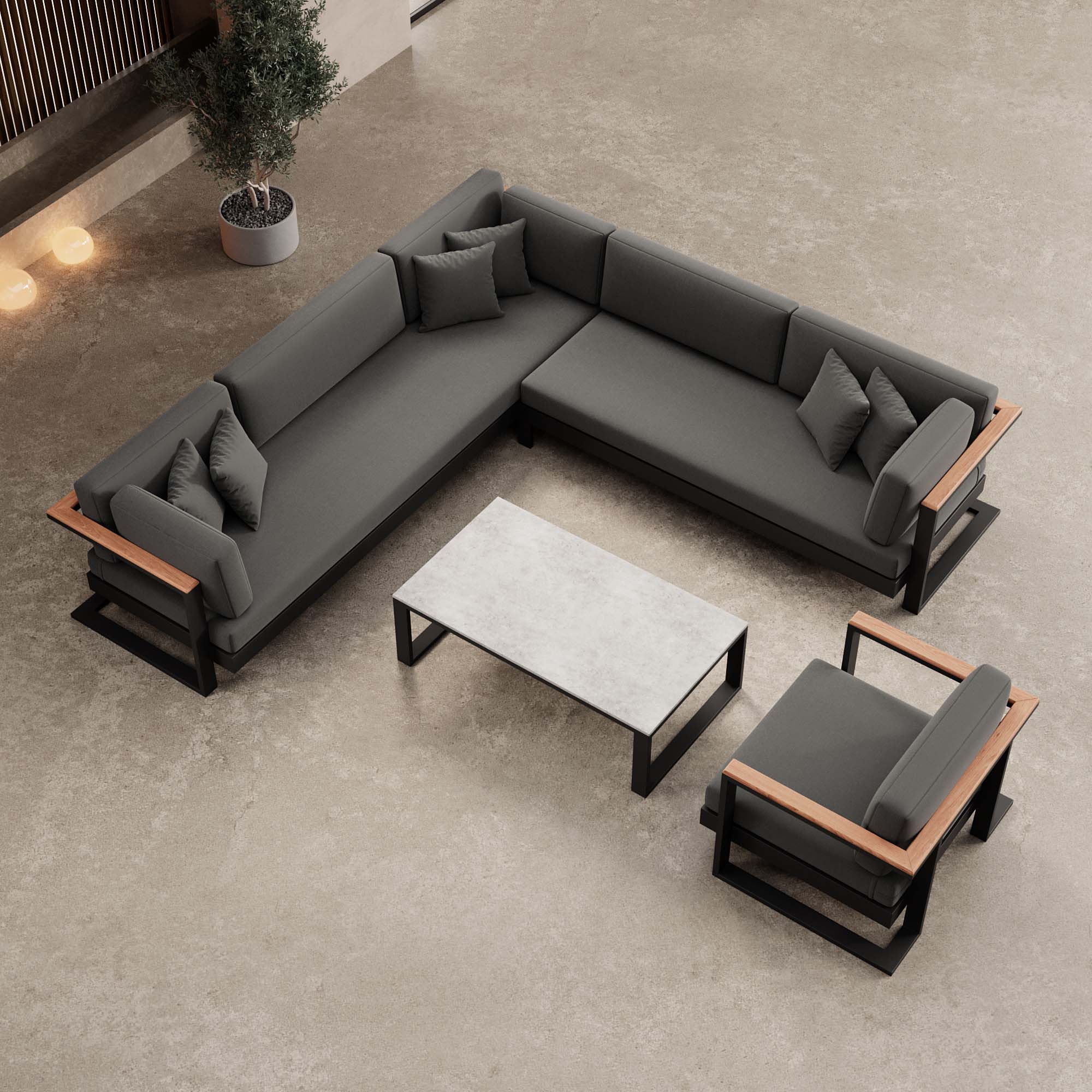 Vayla – Loungegruppe mit Ecksofa, Loungesessel & Tisch aus schwarzem Aluminium | Aevora™ Kollektion