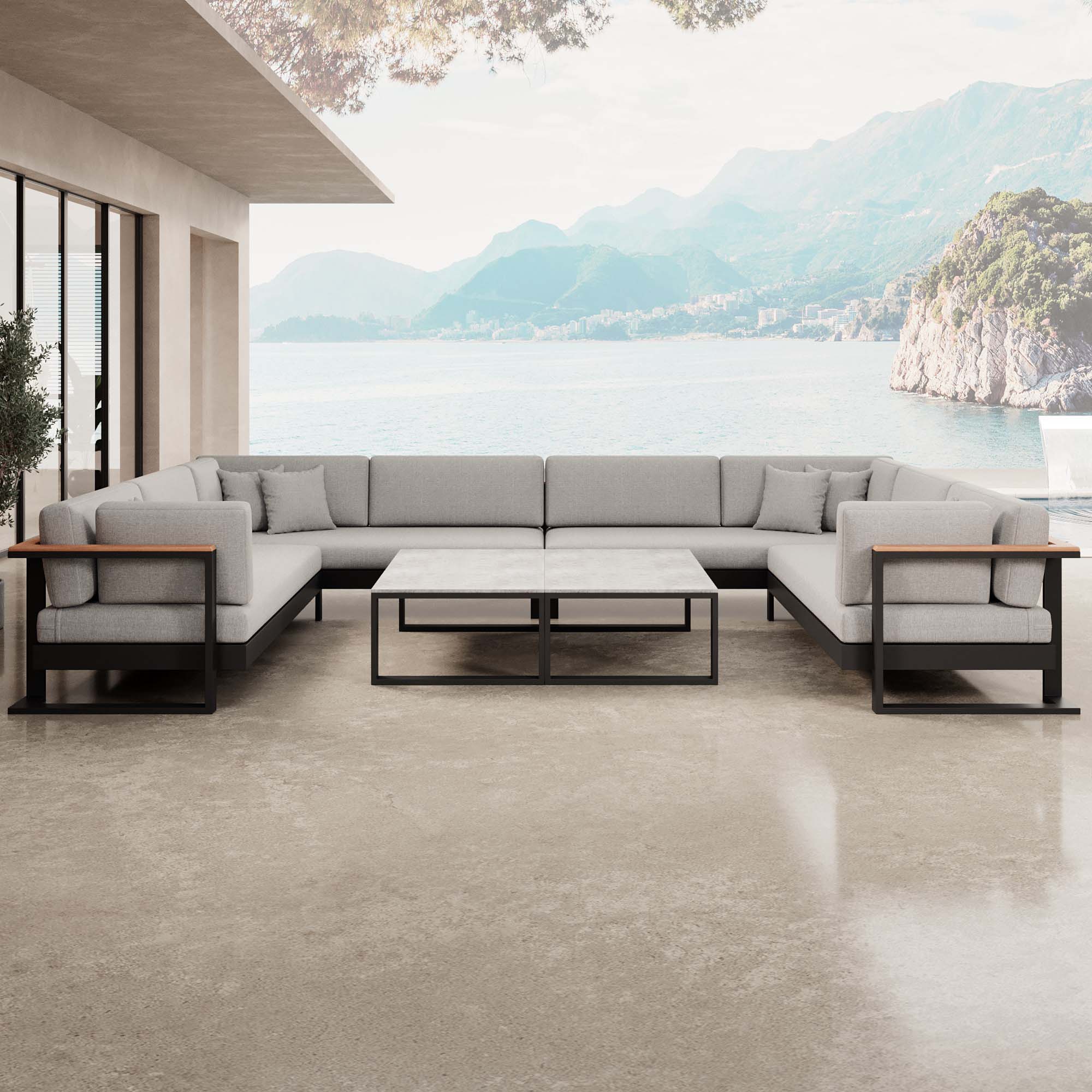 Vayla – Wohnlandschaft in U-Form mit Tisch aus schwarzem Aluminium | Aevora™ Kollektion