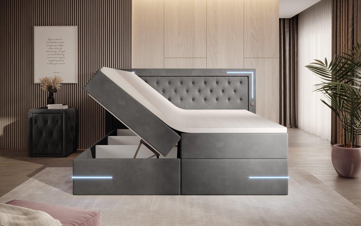 Boxspringbett Carlotta mit LED, Stauraum und USB (Samt) - Luxusbetten24