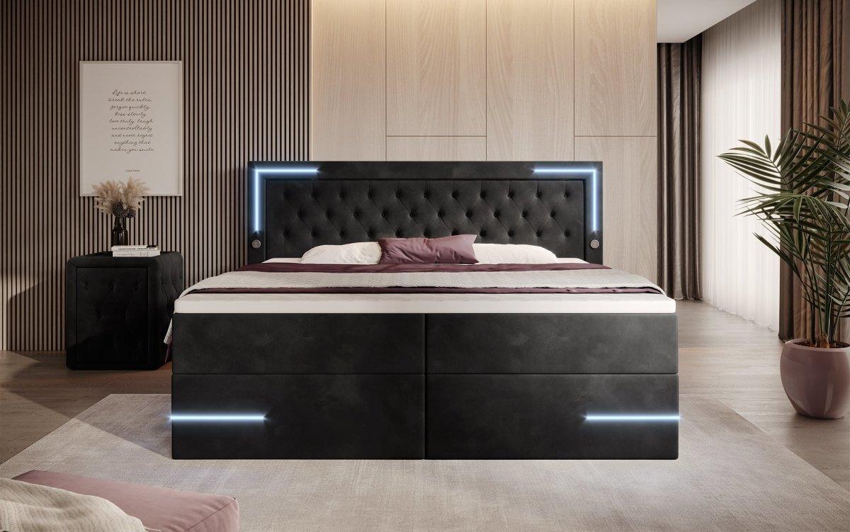 Boxspringbett Carlotta mit LED, Stauraum und USB (Samt) - Luxusbetten24