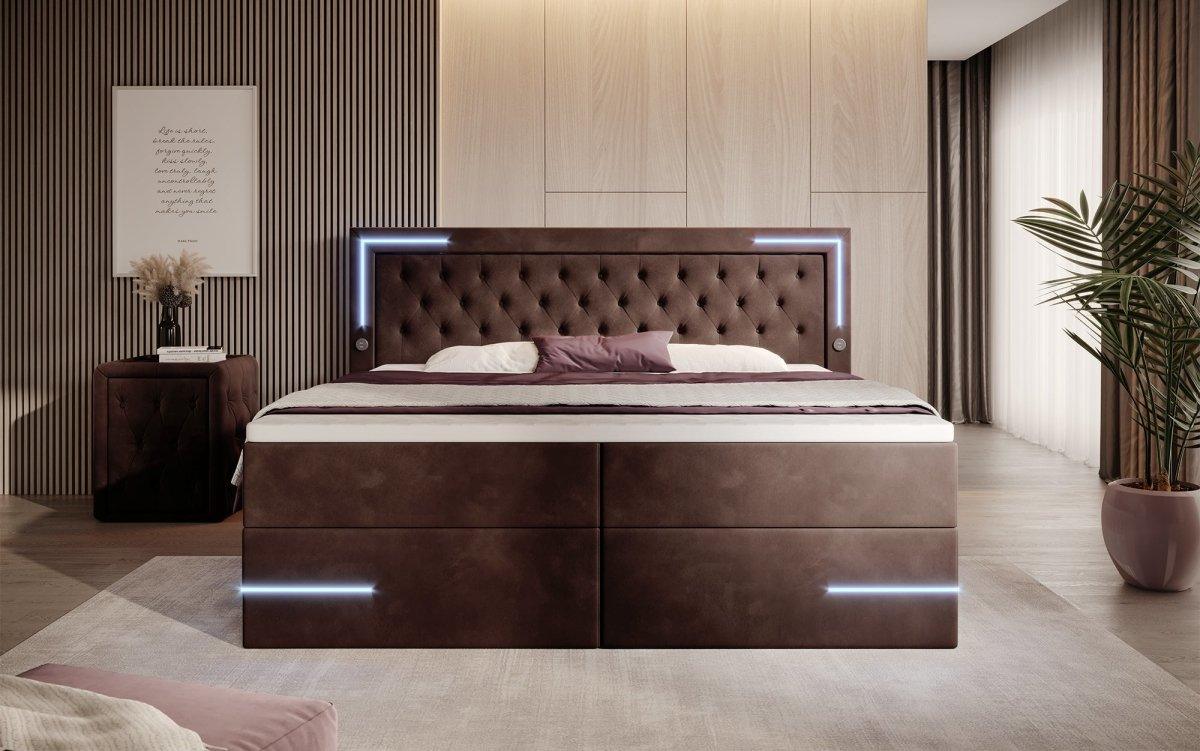 Boxspringbett Carlotta mit LED, Stauraum und USB (Samt) - Luxusbetten24