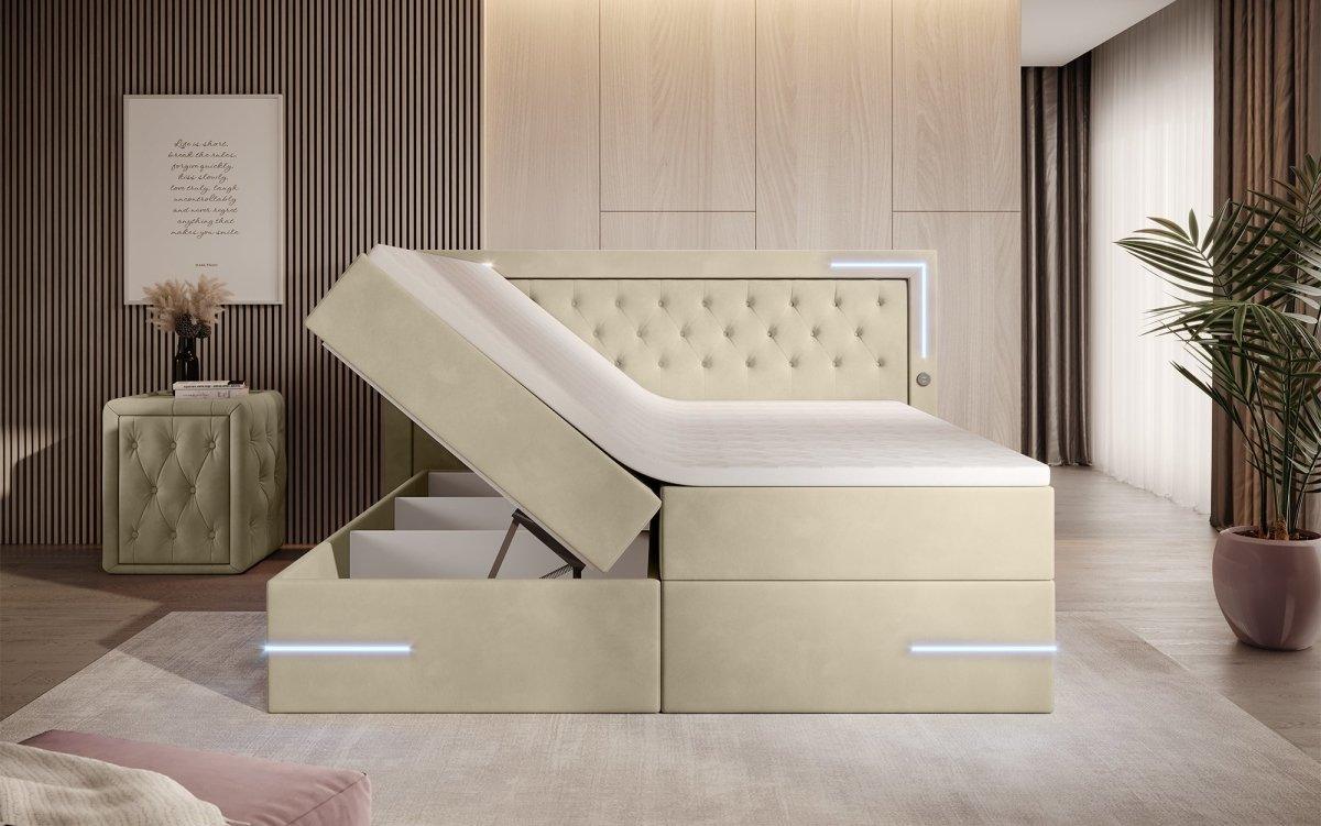 Boxspringbett Carlotta mit LED, Stauraum und USB (Samt) - Luxusbetten24