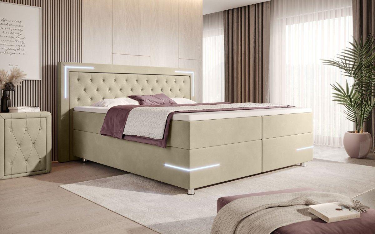 Boxspringbett Carlotta mit LED, Stauraum und USB (Samt) - Luxusbetten24