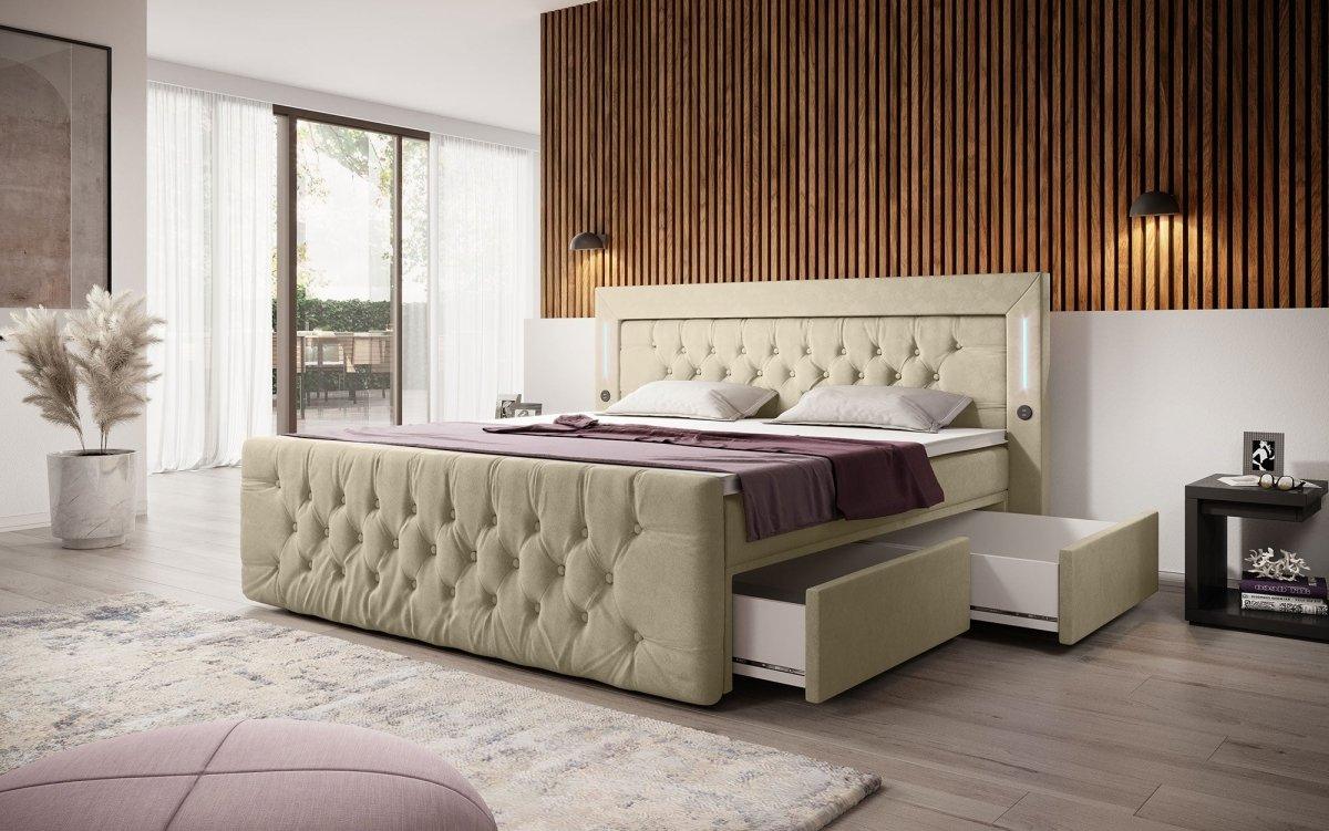 Boxspringbett Charme mit LED, USB und Stauraum (4 Schubladen) - Luxusbetten24