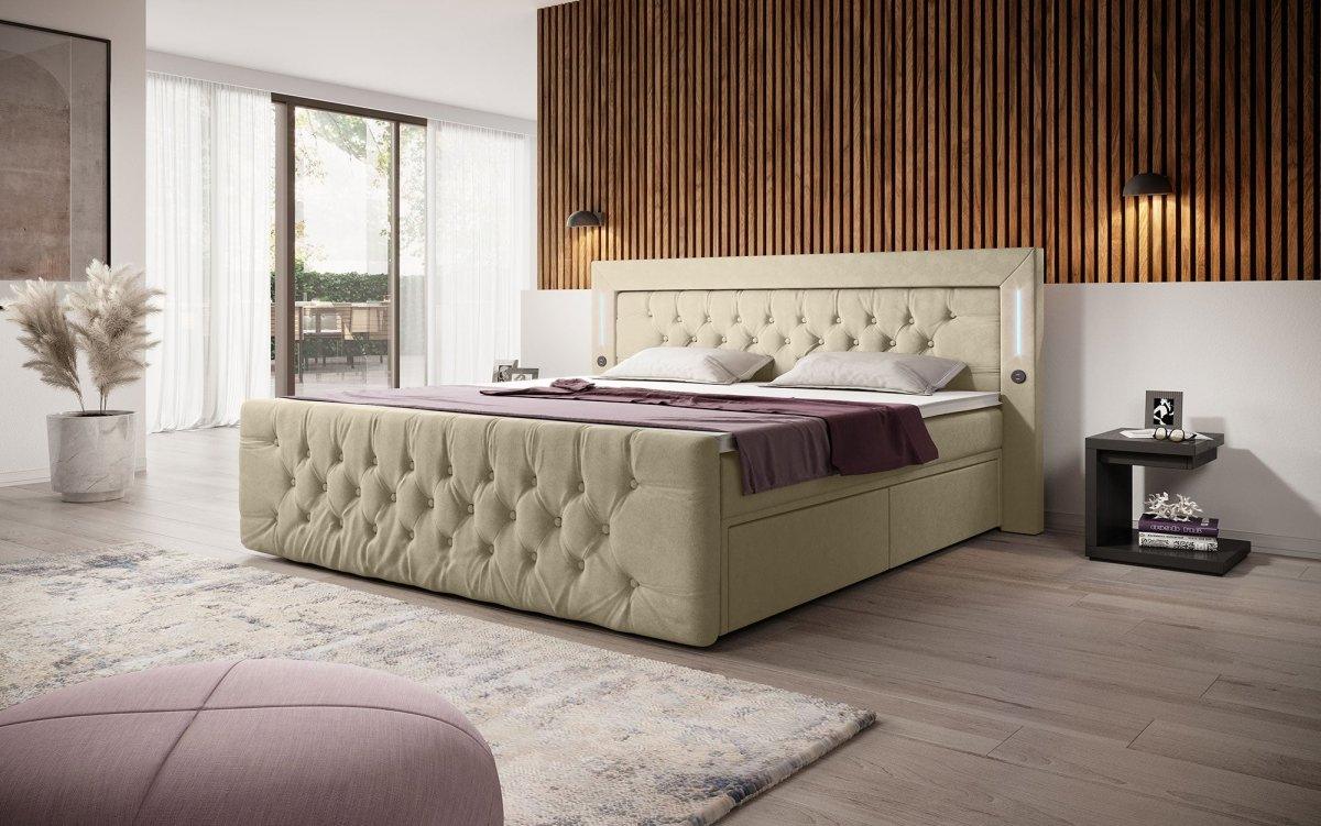 Boxspringbett Charme mit LED, USB und Stauraum (4 Schubladen) - Luxusbetten24