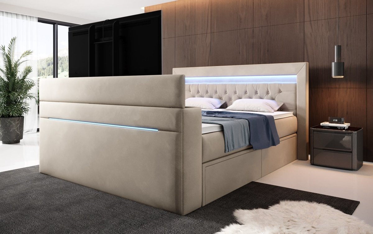 Boxspringbett Jupiter mit TV Lift, RGB und Stauraum - Luxusbetten24