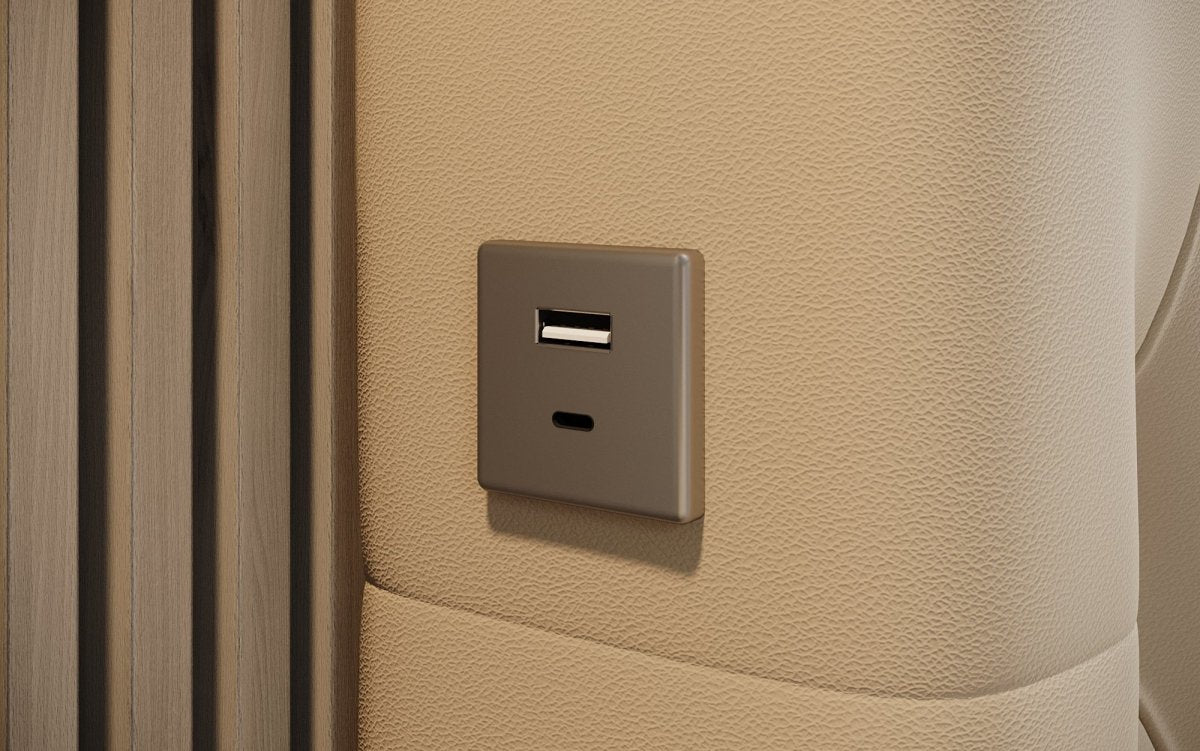 Designer Polsterbett Porto inkl. LED Füßen, USB und Stauraum - Luxusbetten24