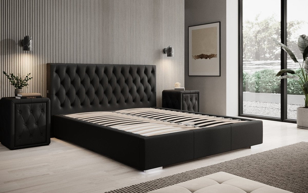 Designer Polsterbett Porto inkl. LED Füßen, USB und Stauraum - Luxusbetten24