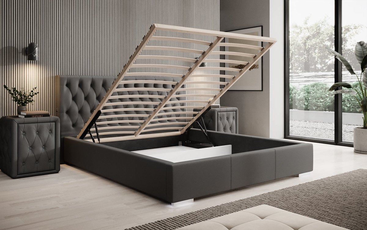 Designer Polsterbett Porto inkl. LED Füßen, USB und Stauraum - Luxusbetten24